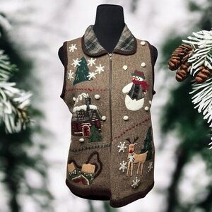 Vintage Knit Sweater Vest Winter Zip Front SZ M Women’s Brown Snowman Trees